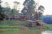 Rozestav�n� bambusov� pavil�ny, kde b�hem poh�bu sed� host�. Oblast Tana Toraja. Indon�sie.
