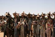 Mu�i z ko�ovn�ho etnika Wodaab� (naz�v�ni t� Bororo) tan�� sv�j tanec kr�sy naz�van� Yaake na sv� slavnosti Gerewol. Niger.